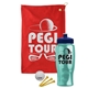 a red towel & navy blue lid & transparent teal bottle the tourney - golf kit