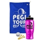 a royal blue towel & black lid & transparent hot pink bottle the tourney - golf kit