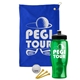 a royal blue towel & black lid & transparent green bottle the tourney - golf kit