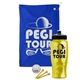 a royal blue towel & black lid & transparent yellow bottle the tourney - golf kit