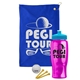 a royal blue towel & cyan lid & transparent hot pink bottle the tourney - golf kit