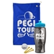 a royal blue towel & cyan lid & transparent smoke bottle the tourney - golf kit