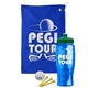 a royal blue towel & green lid & transparent blue bottle the tourney - golf kit