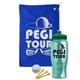 a royal blue towel & green lid & transparent teal bottle the tourney - golf kit