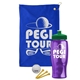 a royal blue towel & green lid & transparent violet bottle the tourney - golf kit