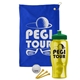 a royal blue towel & green lid & transparent yellow bottle the tourney - golf kit