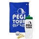a royal blue towel & green lid & white bottle the tourney - golf kit