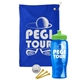 a royal blue towel & lime green lid & transparent blue bottle the tourney - golf kit
