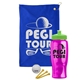 a royal blue towel & lime green lid & transparent hot pink bottle the tourney - golf kit