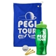 a royal blue towel & lime green lid & transparent green bottle the tourney - golf kit