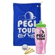 a royal blue towel & lime green lid & transparent pink bottle the tourney - golf kit