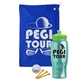 a royal blue towel & lime green lid & transparent teal bottle the tourney - golf kit