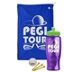 a royal blue towel & lime green lid & transparent violet bottle the tourney - golf kit