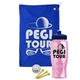 a royal blue towel & navy blue lid & transparent pink bottle the tourney - golf kit