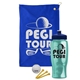 a royal blue towel & navy blue lid & transparent teal bottle the tourney - golf kit