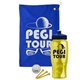 a royal blue towel & navy blue lid & transparent yellow bottle the tourney - golf kit