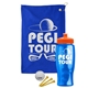 a royal blue towel & orange lid & transparent blue bottle the tourney - golf kit