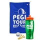 a royal blue towel & orange lid & transparent green bottle the tourney - golf kit