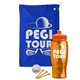 a royal blue towel & orange lid & transparent orange bottle the tourney - golf kit