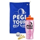 a royal blue towel & orange lid & transparent pink bottle the tourney - golf kit