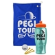 a royal blue towel & orange lid & transparent teal bottle the tourney - golf kit