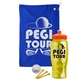 a royal blue towel & orange lid & transparent yellow bottle the tourney - golf kit
