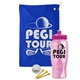 a royal blue towel & pink lid & transparent pink bottle the tourney - golf kit