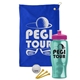 a royal blue towel & pink lid & transparent teal bottle the tourney - golf kit