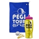 a royal blue towel & pink lid & transparent yellow bottle the tourney - golf kit