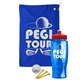 a royal blue towel & red lid & transparent blue bottle the tourney - golf kit