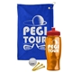 a royal blue towel & red lid & transparent orange bottle the tourney - golf kit