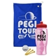 a royal blue towel & red lid & transparent pink bottle the tourney - golf kit