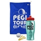 a royal blue towel & red lid & transparent teal bottle the tourney - golf kit