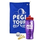 a royal blue towel & red lid & transparent violet bottle the tourney - golf kit