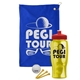 a royal blue towel & red lid & transparent yellow bottle the tourney - golf kit