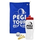 a royal blue towel & red lid & white bottle the tourney - golf kit