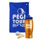 a royal blue towel & royal blue lid & transparent orange bottle the tourney - golf kit