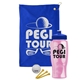 a royal blue towel & royal blue lid & transparent pink bottle the tourney - golf kit