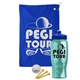 a royal blue towel & royal blue lid & transparent teal bottle the tourney - golf kit