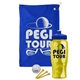 a royal blue towel & royal blue lid & transparent yellow bottle the tourney - golf kit