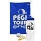 a royal blue towel & royal blue lid & white bottle the tourney - golf kit