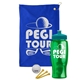 a royal blue towel & teal lid & transparent green bottle the tourney - golf kit