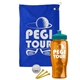 a royal blue towel & teal lid & transparent orange bottle the tourney - golf kit