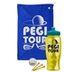 a royal blue towel & teal lid & transparent yellow bottle the tourney - golf kit