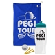 a royal blue towel & teal lid & white bottle the tourney - golf kit