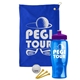 a royal blue towel & violet lid & transparent blue bottle the tourney - golf kit
