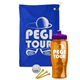 a royal blue towel & violet lid & transparent orange bottle the tourney - golf kit