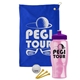 a royal blue towel & violet lid & transparent pink bottle the tourney - golf kit