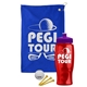 a royal blue towel & violet lid & transparent red bottle the tourney - golf kit