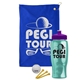 a royal blue towel & violet lid & transparent teal bottle the tourney - golf kit